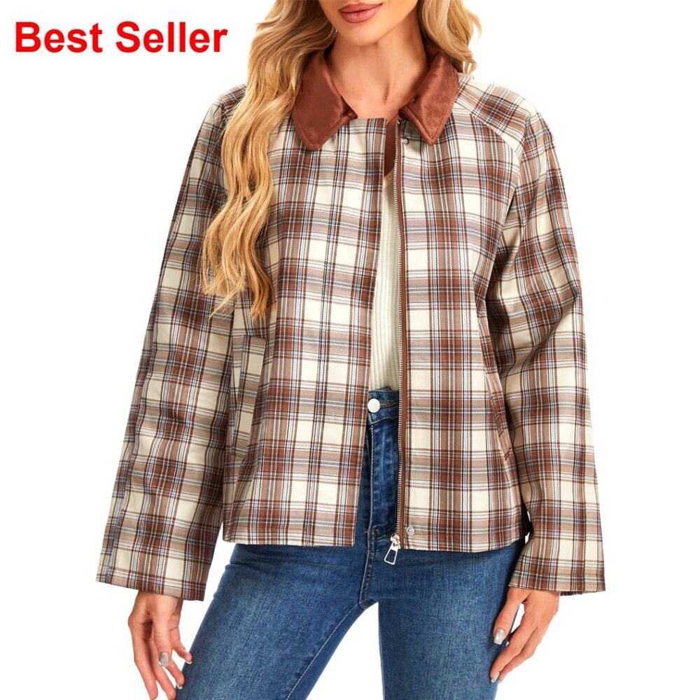 Lightweight Plaid Barn Jacket with Suede Collar, Women's Casual Fall Outwear